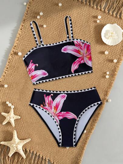 SHEIN Tween Girls Cute Conservative Black Lily Floral Print Knit Bikini Set, Black Top With Red Lily Print And Black Bottoms With White Trim, Fashionable Casual Elegant Swimsuit For Swimming, Beach, Pool, Summer Vacation, Holiday