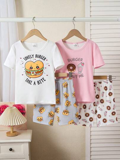 2 Sets Of 4pcs Girls Stretchy Knit Hamburger Print Comfortable Soft Pajamas, Cute Graphic Design, Great Gift For Tween Girls, Matching Bestie Sets