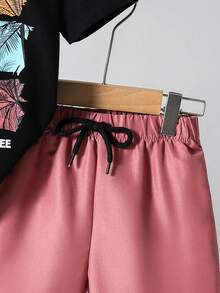 SHEIN Streecool Kids 男童热带椰树印花短袖T恤和短裤套装，休闲度假及日常穿着 - 黑色 - 查看 9