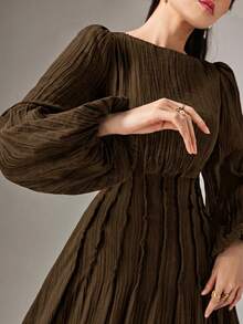 Heiryn Women's Solid Color Waist-Cinched Elegant Long Sleeve Dress Formal Dark Brown Autumn High Tea Everyday Daytime Daytime Dinner Everyday Party - Coffee Brown - View 6