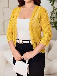 Reflora Chaqueta ligera y elegante de unicolor con bordado transparente, talla grande, para primavera/verano - Amarillo - Ver 4