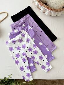 SHEIN 4pcs Baby Girl Knitted Solid Color, Polka Dot, Floral, Heart Pattern Casual Outfit Set - Multicolor - View 2
