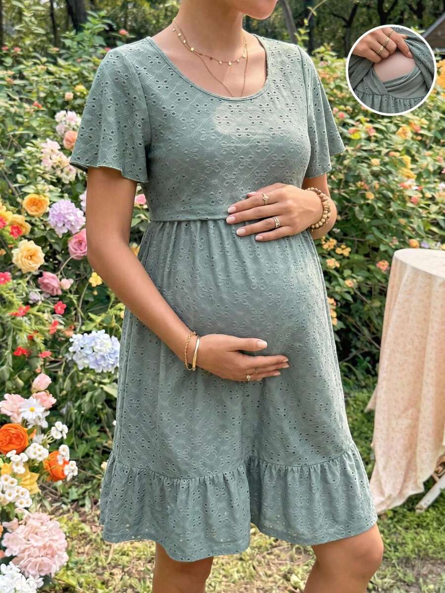 SHEIN Trang phục mùa hè, Đầm dệt kim jacquard màu xanh đậm cho bà bầu, Đầm cho con bú - màu xanh lá - Xem 1