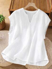 SHEIN LUNE CURVE 大码荷叶边拼接条纹舒适衬衫 - 白色 - 查看 1
