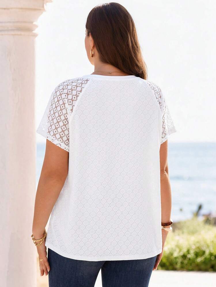 Plus Size Women Summer Casual Vacation Lace Patchwork Short Sleeve White T-Shirt