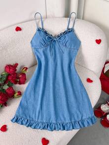 Soleia Vestido vaquero casual de verano con tirantes con volantes para mujer - Lavado ligero - Ver 7