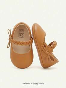 Cozy Pixies A Pair Of Childlike Cute Brown Basic Princess Style Girls Woven Bows Mary Jane Love Soft Non-Slip Bottom Baby Flats - Brown - View 1