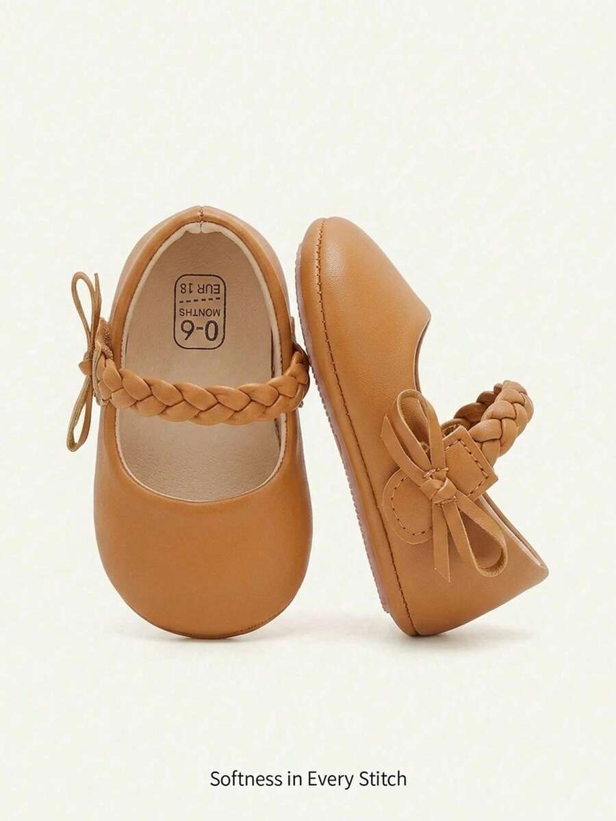 Cozy Pixies A Pair Of Childlike Cute Brown Basic Princess Style Girls Woven Bows Mary Jane Love Soft Non-Slip Bottom Baby Flats - Brown - View 1