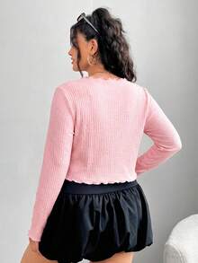 SHEIN EZwear 大码女式粉色单排扣长袖T恤 - 粉色 - 查看 2