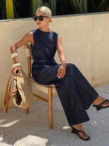 Livesso Pantalones rectos con cinturón decorativo, de estilo vintage lavado azul, para festival de música, vacaciones y uso casual. Monos de calle para mujer, para primavera y verano. - Azul lavado oscuro - Ver 6