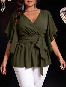SHEIN Clasi Áo kiểu nữ cỡ lớn màu trơn ôm sát cổ chữ V tay loe thắt eo vạt bèo nhún, thanh lịch, thích hợp cho tiệc tùng thường ngày. - xanh quân đội - Xem 4