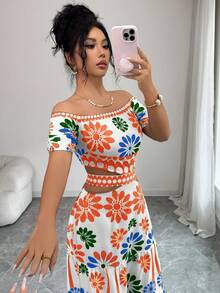 Elenzga Women's Floral Print Off-Shoulder Waist Hollow Out Twist Long Dress, Suitable For Beach, Vacation - Limelight Green - View 6