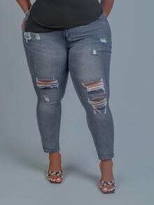 CurvyTilda Plus Size Casual Distressed Slim Fit Denim Jeans, For Hourglass Body Shape - Black - View 3