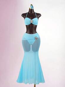 SaltGleam SaltGleam Conjunto de 2 piezas de bikini con estrella de mar y botones metálicos de sirena para vacaciones de playa de verano - Azul - Ver 3