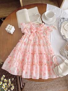 SHEIN Vestido de niña pequeña de estilo casual con estampado floral y decoración de lazo, adecuado para primavera, verano, otoño, uso en casa, vacaciones, fiestas y uso diario - Multicolor - Ver 10