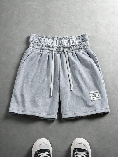 PAVTROS Quần short nam màu xám dệt kim, kiểu dáng thường ngày, cạp chun, phong cách đường phố Mỹ, quần short thời trang.