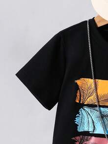 SHEIN Streecool Kids 男童热带椰树印花短袖T恤和短裤套装，休闲度假及日常穿着 - 黑色 - 查看 8