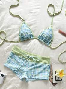 Swim Mod Women's Swimwear Bikini,Check Graphic Gingham Swimshorts,Blue,Summer,Cute,Retro Vintage,Pool Party,Holiday,Boho Vacation,Beach Outfits,Fourth Of July - Lime Green - View 2