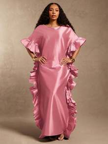Vixey Boat Neck Off Shoulder Ruffle Detail Maxi Flowy Taffeta Dress - Pink - View 2