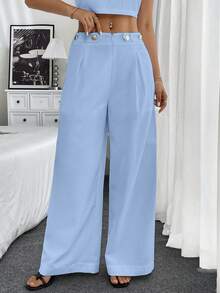 SHEIN Unity 2 件套女士宽松圆领上衣和裤子套装，简约设计，适合夏季 - 藍色 - 查看 4