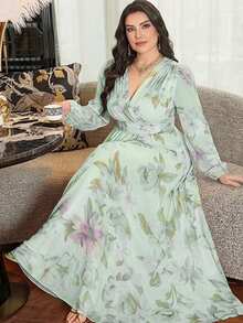 Modelyn 大码女式V领印花褶皱腰身优雅连衣裙 - 綠色 - 查看 1