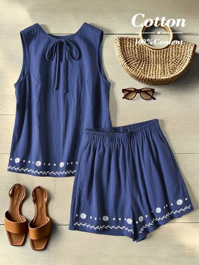 Rusticease 2pcs Women Embroidered Minimalist Tie-Up Camisole And Casual Shorts Set