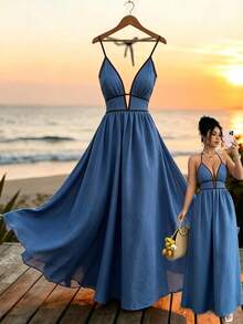 SHEIN Elenzya Women's Summer Casual Sexy Holiday Contrast Color Halter Loose Wide Leg Jumpsuit Beach Vacation Blue Striped - Blue - View 1