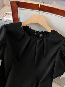 GlowEve CURVE Women's Elegant Casual Solid Color Lace Patchwork Ruffle Collar Petal Sleeve Blouse - Black - View 4