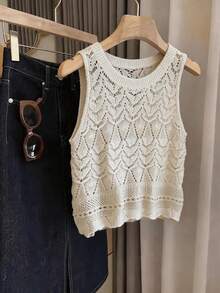 GlowEve Áo vest dệt kim không tay cổ tròn thanh lịch, thiết kế mới mùa xuân/hè dành cho nữ. - Màu be - Xem 3