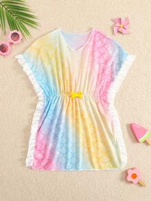 SHEIN Girls'Lightweight Chiffon Cover Up,Rainbow Ombre Mermaid Scale Print,Batwing Sleeve,Drawstring Waist,Ruffle Hem,Summer,Beach,Family Vacation,Holiday - Multicolor - View 1