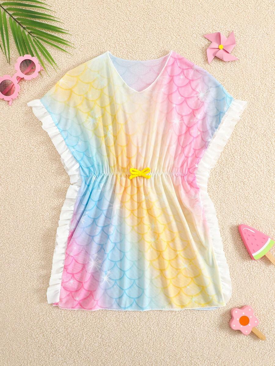 SHEIN Áo khoác ngoài bằng vải chiffon mỏng nhẹ cho bé gái, họa tiết vảy cá ombre cầu vồng, tay áo cánh dơi, eo có dây rút, viền bèo nhún, thích hợp cho bãi biển, hồ bơi, kỳ nghỉ hè. - Nhiều màu - Xem 1