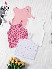 SHEIN Genkimix Kids 4件装少女夏季休闲时尚日常通勤纯色、豹纹、爱心印花吊带衫 - 彩色 - 查看 2