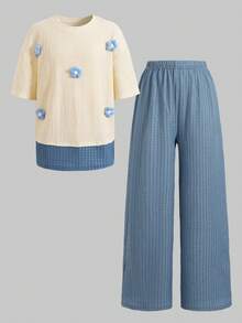 SHEIN 2pcs Tween Girl Set, Floral Allover Print Contrast Color T-Shirt And High Waist Textured Wide Leg Pants - Blue - View 4