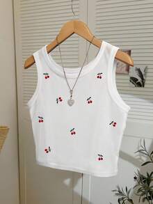 Resyla Áo tank top cổ tròn ôm sát, thêu hoa anh đào toàn bộ, cỡ lớn. - trắng - Xem 3