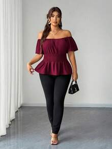 Elenzga Plus Size Women's Elegant Burgundy Summer Off-Shoulder Blouse,Elastic Waist Ruffle Hem Top,Wedding Guest Casual Wine Red Fashion For Vacation - Burgundy - View 6