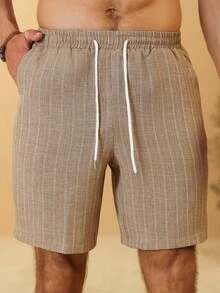 VENTUSAIL Men's Linen Casual Drawstring Shorts With Pockets,Blue And White Stripe,Summer,Beach,Holiday,Pinstripe Striped Resort Wear,Old Money Vintage Outfit - Khaki - View 5