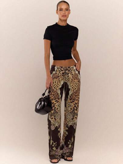 MUSERA Peacock Print Lace Up Straight Leg Printed Jeans Cool Girl Streetstyle Going Out Winter Spring Summer