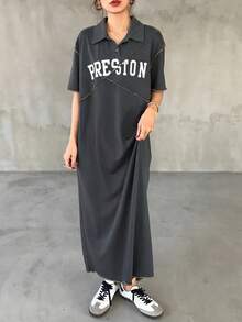 FRIFUL Đầm xám dáng rộng dành cho nữ, in chữ và có đường may trang trí, đầm hè chống nắng cho nữ. - Màu xám đen - Xem 6