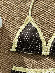 SHEIN Bộ bikini buộc dây cổ, họa tiết chấm bi, viền bèo nhún, thích hợp cho kỳ nghỉ hè trên bãi biển dành cho thiếu nữ. - Nhiều màu - Xem 8