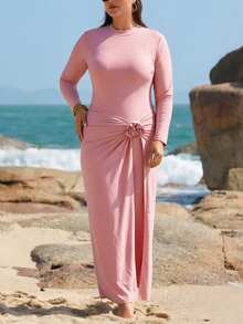 SHEIN Swim Bộ đồ bơi 3 món cỡ lớn dành cho nữ, màu trơn, họa tiết hoa 3D kiểu Trung Đông, kín đáo, che phủ toàn thân, thích hợp cho bãi biển và lướt sóng. - Bụi hồng - Xem 5