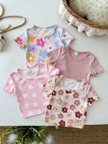 SHEIN Bộ 4 áo thun cổ tròn in hoa cho bé gái, dễ thương và đa năng, phù hợp mặc hàng ngày. - Nhiều màu - Xem 6