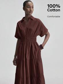 Ontre Women's Solid Color Ruffle Hem Casual Dress - Brown - View 6