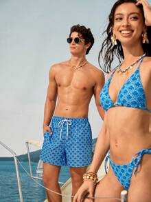 Manfinity VDAYZ Quần short đi biển nam kiểu dáng thường ngày, in họa tiết toàn thân. - Màu xanh lam - Xem 3