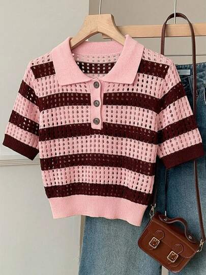 SHEIN EZwear Women's Casual Striped Knit Sweater, Versatile Casual Outfit For Women
