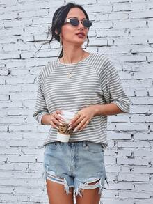 EMERY ROSE Raglan Sleeve Striped Print Tee Graphic Tees Women Tops - Grey - View 5