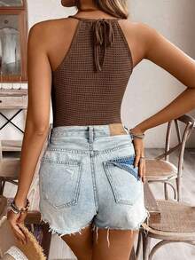 SHEIN Frenchy Women's Vacation Casual Solid Color Lace Patchwork Halter Top,Summer Top - Coffee Brown - View 2