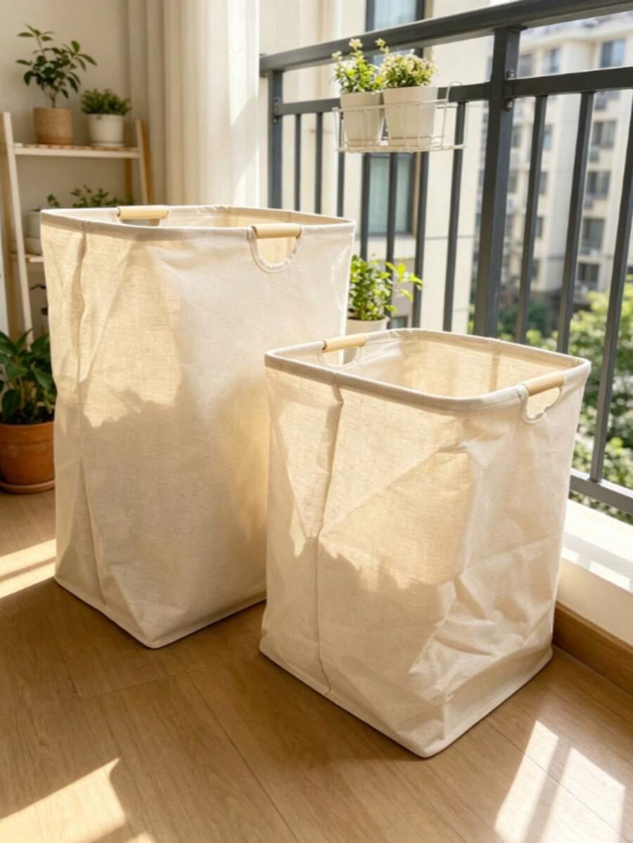 1PC Linen Dirty Clothes Basket, Foldable Handheld Fabric Laundry Hamper For Bedroom Bathroom, Large Capacity Doll Storage Basket - Beige - View 1