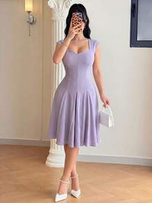 Feyla Women's Elegant Solid Color Waist Cinched Short Dress For Commuting, Summer - Purple - View 3