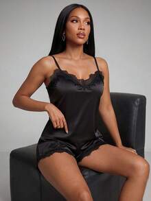 Silforma Lace Trim Satin Cami Top & Shorts PJ Set / Pajama Set - Black - View 6