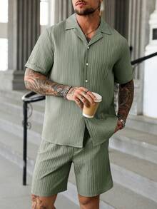 Manfinity Homme Bộ áo sơ mi và quần short nam kiểu dáng thường ngày cho kỳ nghỉ - Màu xanh Bạc hà - Xem 3